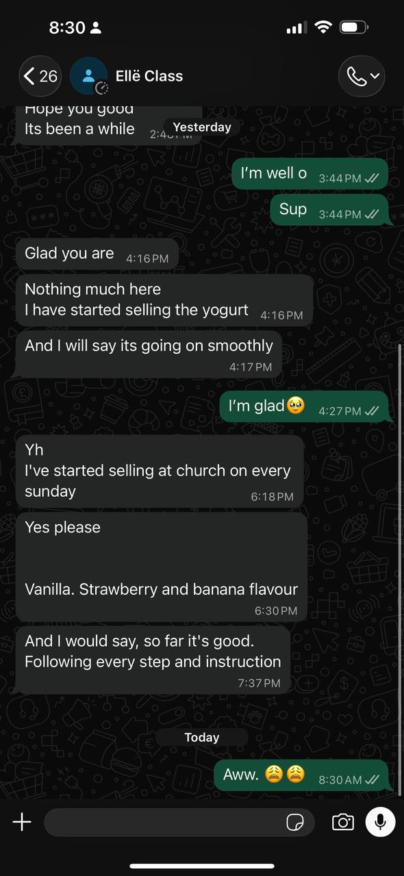 WhatsApp message from Elle Class: I have started selling the yogurt and it is going on smoothly, vanilla, strawberry and banana flavour.