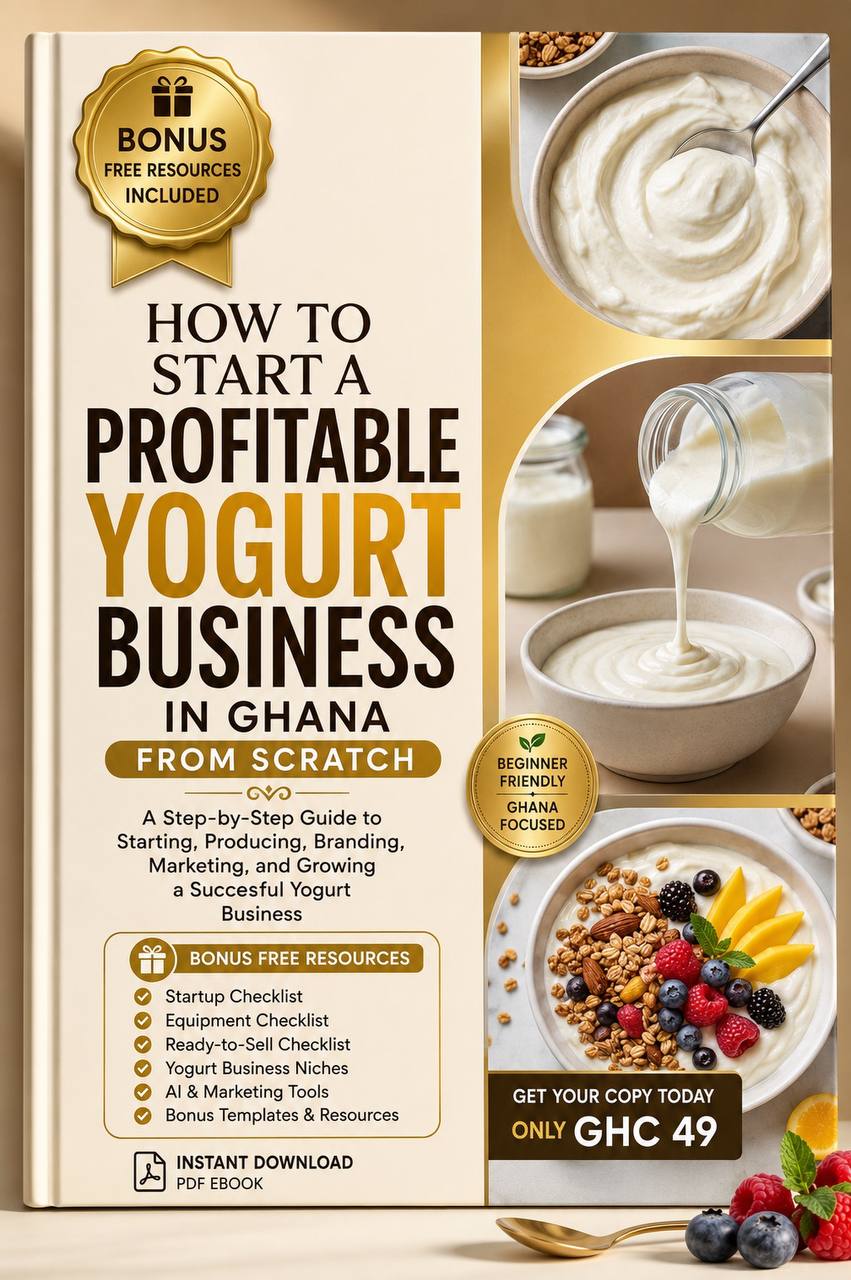 Ebook cover: How to Start a Profitable Yogurt Business in Ghana from Scratch, with yogurt bowls and the GHāµ49 price